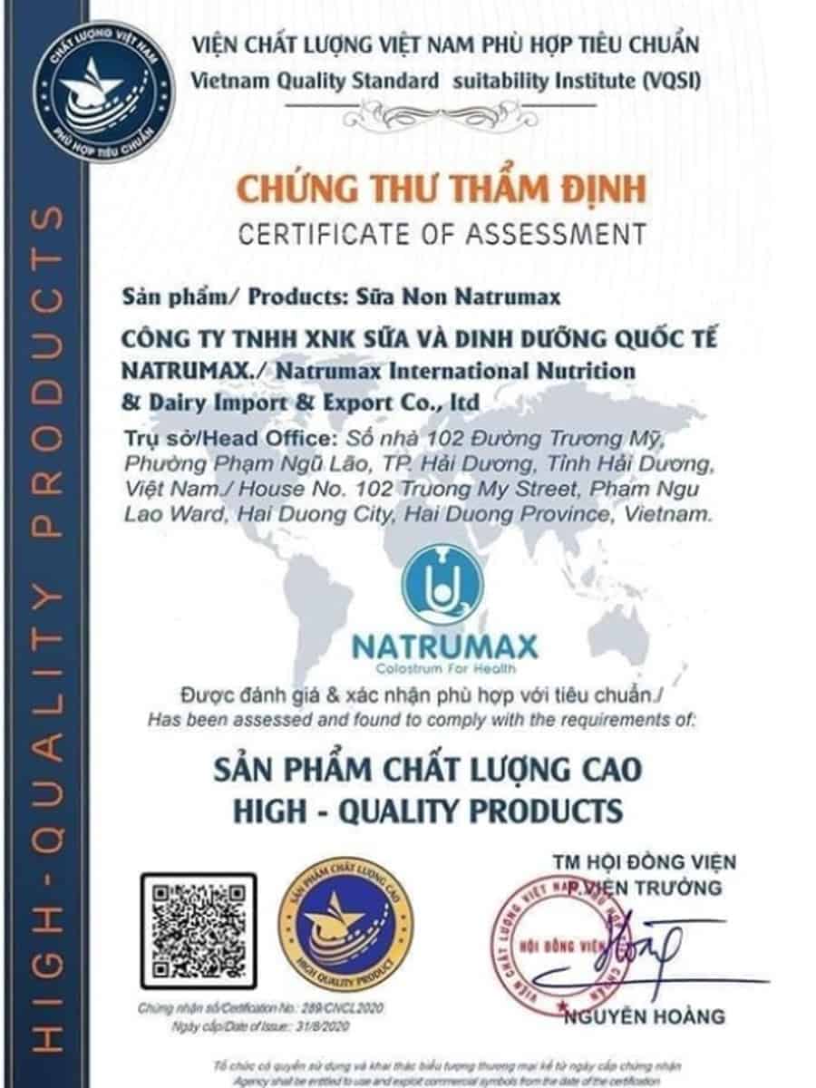 Chứng thư thẩm định của Công ty TNHH XNK Sữa và Dinh dưỡng quốc tế Natrumax