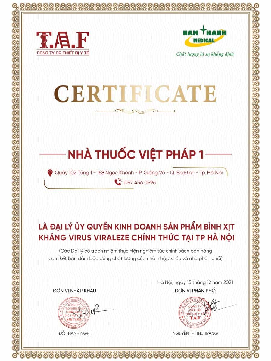 Nhà thuốc Việt Pháp 1 là đại lý ủy quyền kinh doanh sản phẩm Viraleze chính thức tại Hà Nội