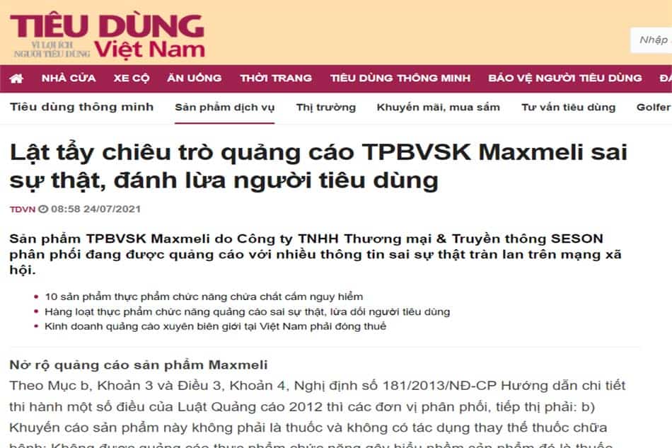 Báo Tiêu dùng Việt Nam đưa tin Maxmeli quảng cáo sai sự thật