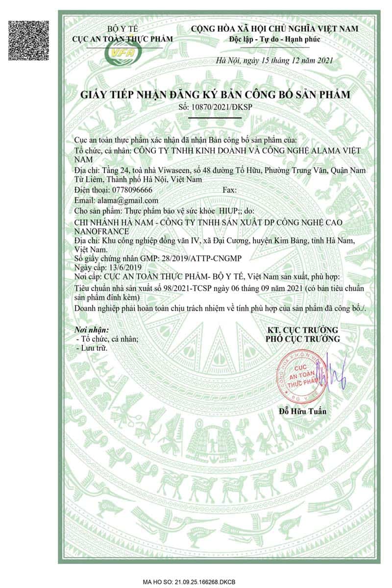 Cục An toàn thực phẩm cấp giấy tiếp nhận bản đăng ký công bố sản phẩm HIUP